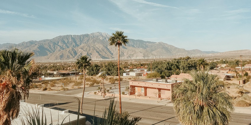 Scenic view of Palm Springs with palm trees, desert landscape, and clear blue skies.