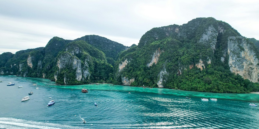 An aerial view of Phi Phi Islands, one of the scenic places to visit in Phuket in May.