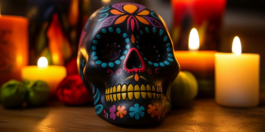 An image of the Ossuary with decorated bones for Día de los Muertos in Pomuch.