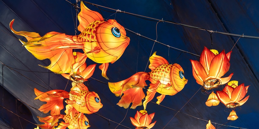 Handmade fish and lanterns in orange paper are hung on a wire for a festival in China