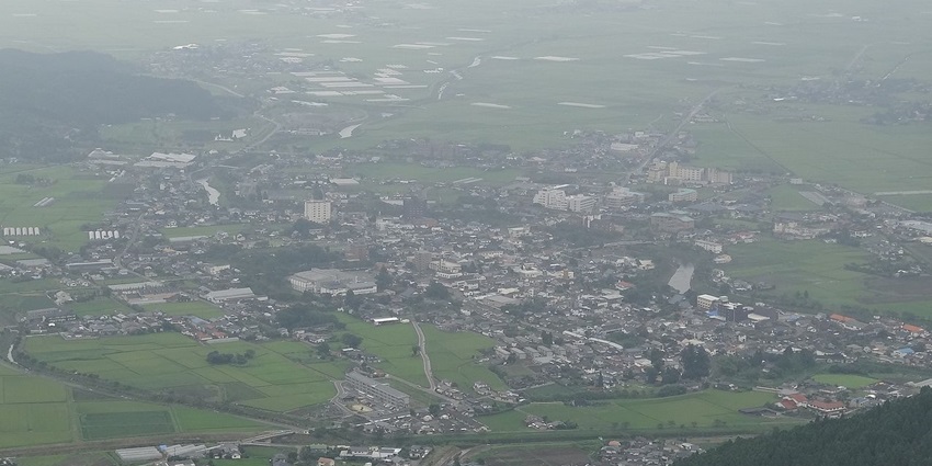 Aerial view of Uchinomaki city in Aso, where taking a hot spring bath is very popular.