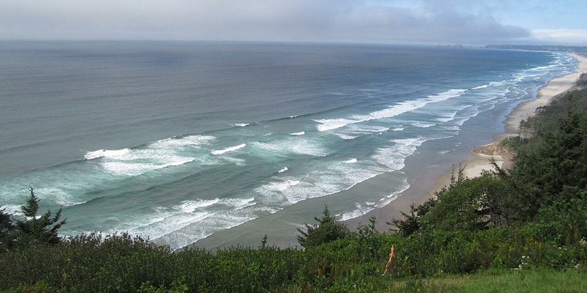 Expansive sandy beach at Cape Lookout State Park with gentle waves and driftwood.
