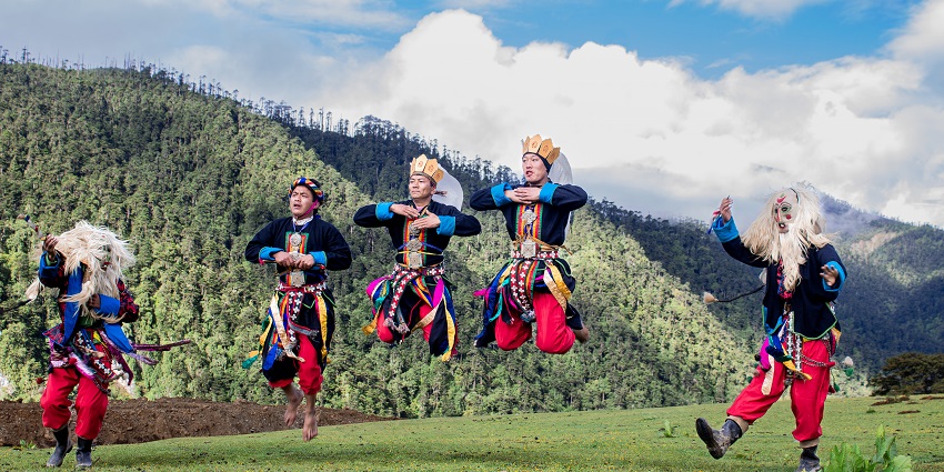 Brokpa people showing a cultural dance, which is often performed in the Sakteng Festival.