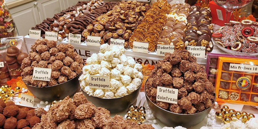 An image of the exotic chocolates for sale in the stalls at one of the culinary festivals in Belgium.