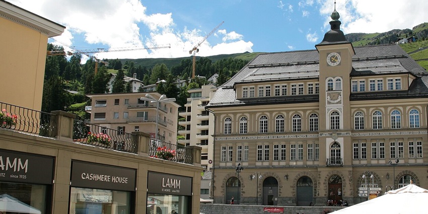 The leaning stone tower of St. Moritz, predating even the famous one in Pisa.
