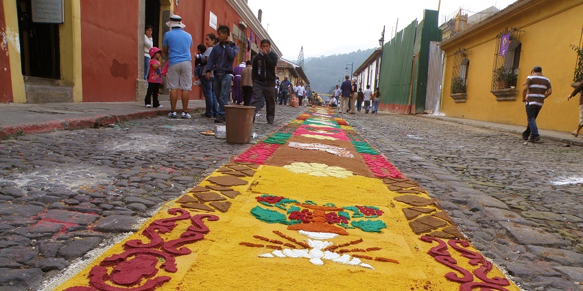 A colourful decoration on the road during Semana Santa in Antigua, Guatemala