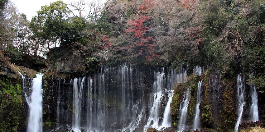 Beautiful view of Shiraito Falls with multiple streams, one of the waterfalls in Japan.