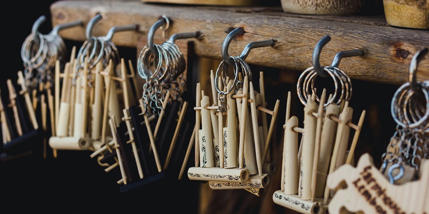 A few wooden artefacts and hanging hooks are displayed at Draiocht Art Gallery in Adare.