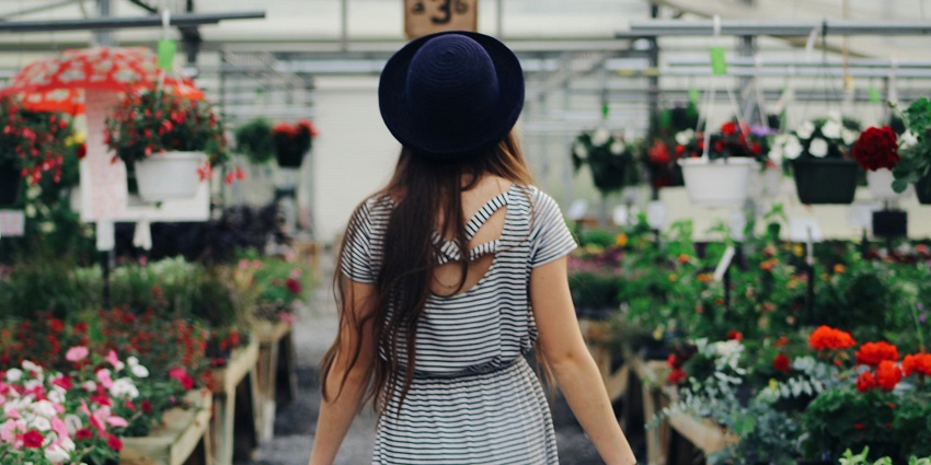 A woman looking for orchids and lavender flowers at Janskerkhof Bloemenmarkt in Utrecht.