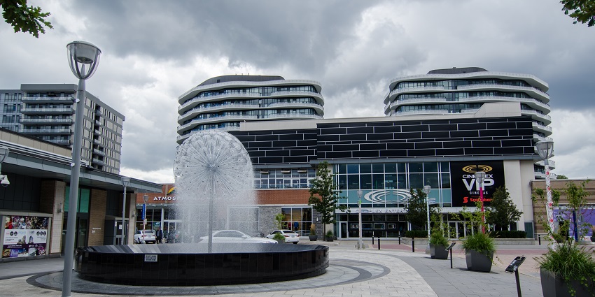 An open-air outdoor space of the Shops at Don Mills, one of the best malls in Toronto, Canada.