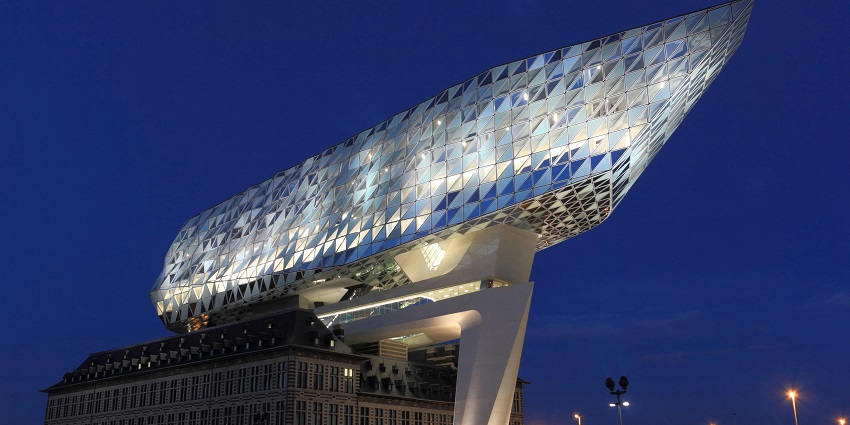 An eye-catching architectural wonder in Antwerp's port district, blending old and new styles.