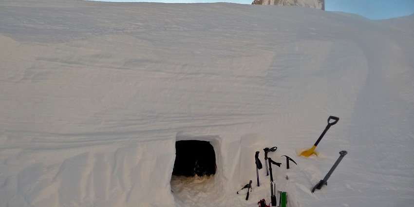 An image of a snow cave on Mount Hood, showcasing the unique ice and snow formations.