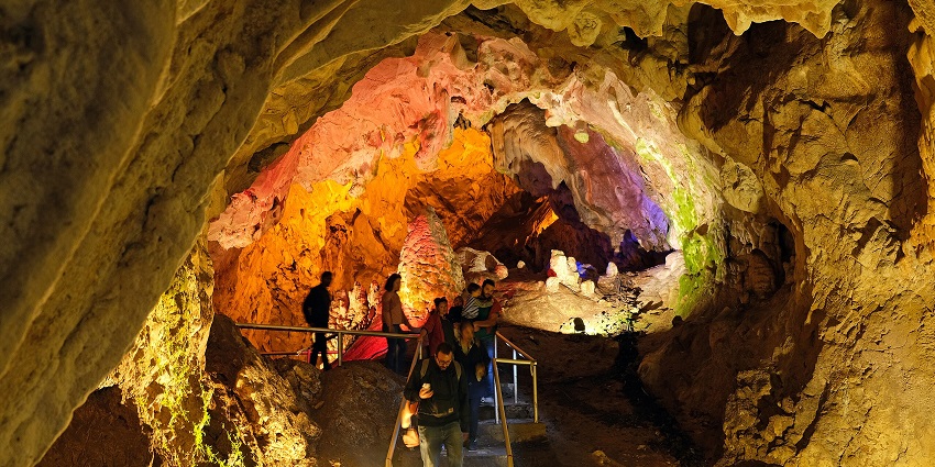 Small and scenic limestone, vibrant and colourful corridors of Vrelo Cave by Lake Bajer