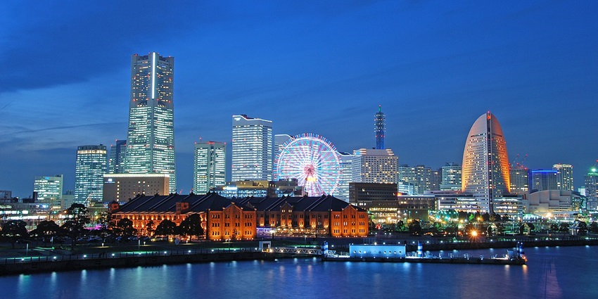 Modern Minato Mirai district in Yokohama with sleek architecture, shopping malls, and waterfront views.
