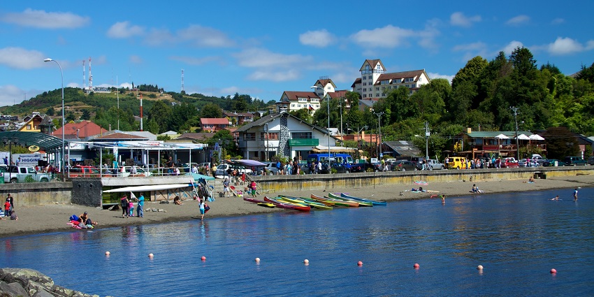 Downtown Puerto Varas, with charming buildings along the lakeside, with views of the water