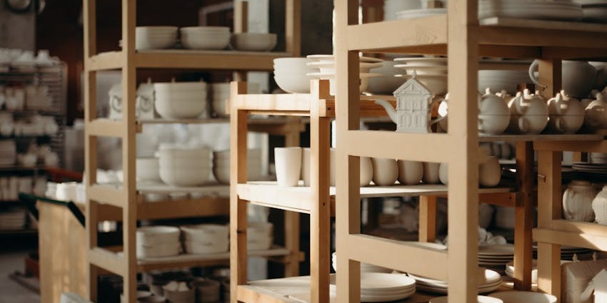 Rustic ceramic kitchenware displayed on wooden shelves in a cozy workshop
