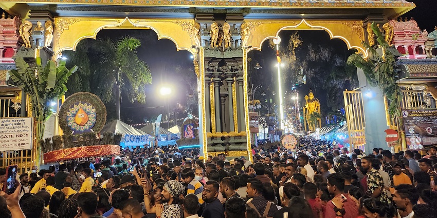 A crowd gathered during the Thaipusam festival procession, one of the festivals in Singapore.