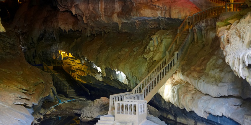 An image of a staircase inside one of the caves in Laos
