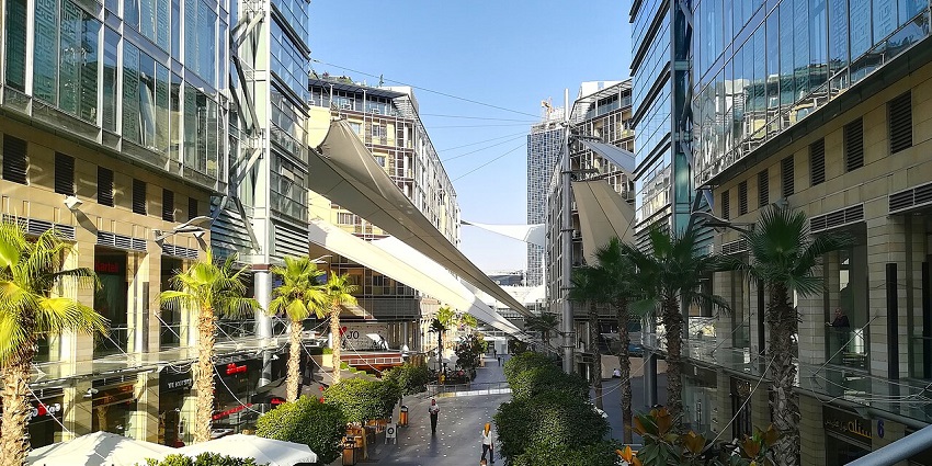 An image showing modern buildings and walkways at The Boulevard in Amman, Jordan.