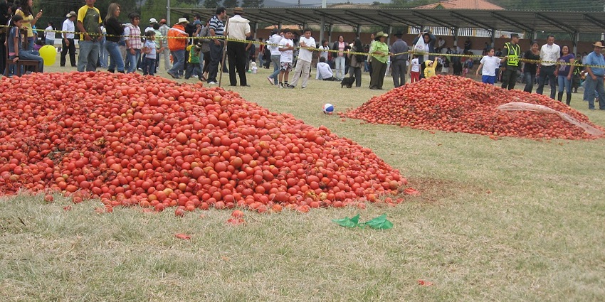 A heap of tomatoes on the street of Buñol with people getting ready to enjoy themselves.