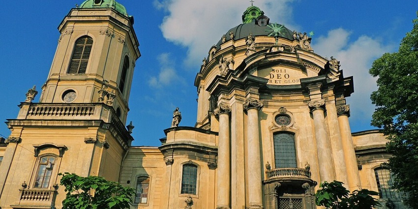 The Dominican Church in Lviv, showcasing its Baroque architecture and grand façade