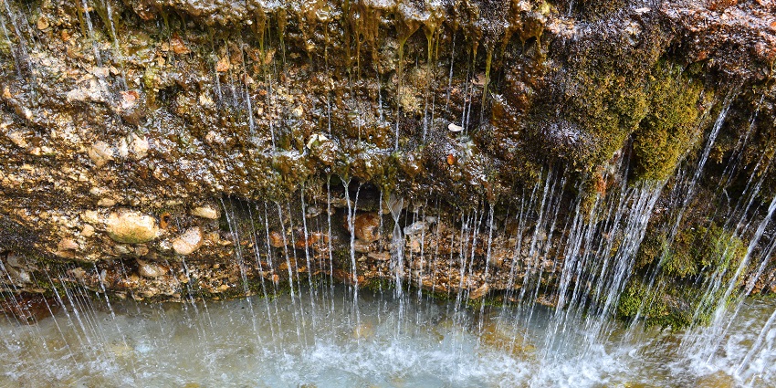 Triefen Waterfall amid a shady alpine woodland, cascading over mossy rocks in the valleys