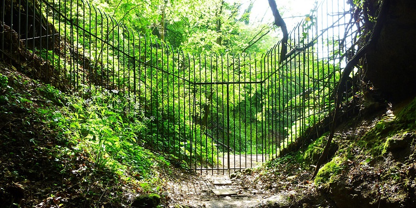 The entrance of Veternica Cave is surrounded by dense forest near Zagreb, in Croatia