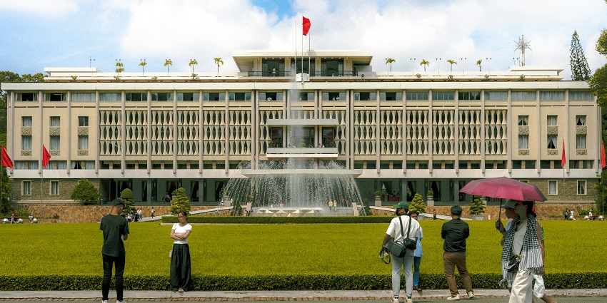 The unique architectural design of the Independence Palace with historic significance.