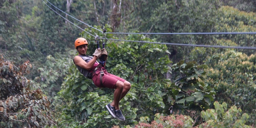 Image of a man ziplining around lush greenery during day time - things to do in bocas del toro