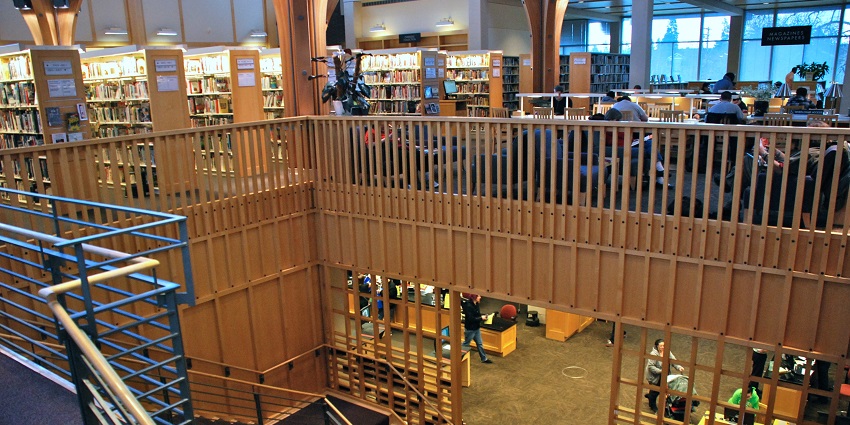 An inside image of the central stairway of Beaverton City Library in Beaverton.