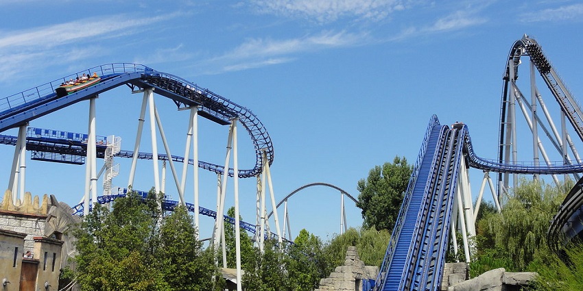 Thrilling Poséidon water coaster at Europa-Park, Germany, with Greek-themed architecture