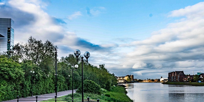 An image of the Lagan Canal Walk, a quiet path alongside the water in Belfast.