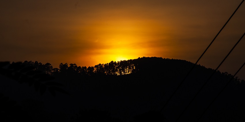 An image of the sun setting down amidst the hills and trees, captured from Little Adam's Peak.