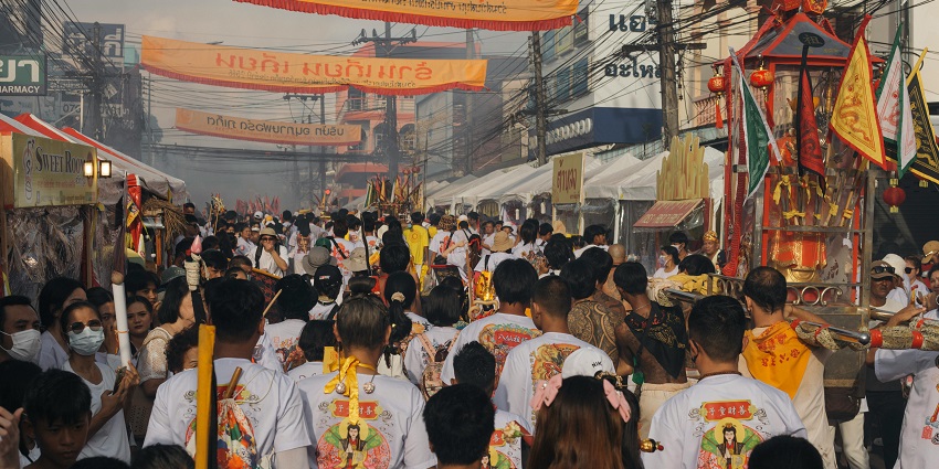 Aerial view of a vibrant celebrations near the bridge