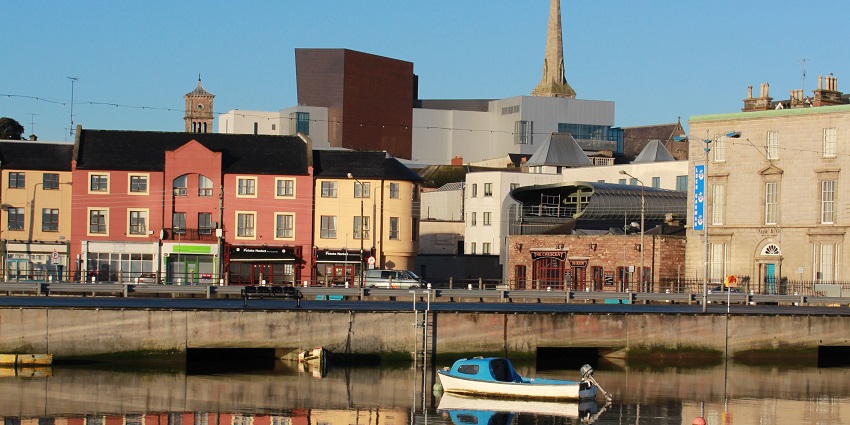 An image of Wexford Opera House as seen from a nearby river in County Wexford, Ireland.