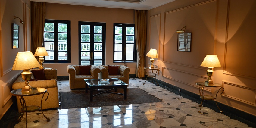 An image of the first-floor lounge of The Oberoi Grand to stay for luxury accommodation