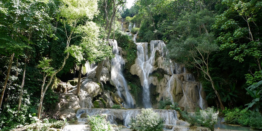 A towering waterfall surrounded by dense forest, falling into a pool of turquoise water.