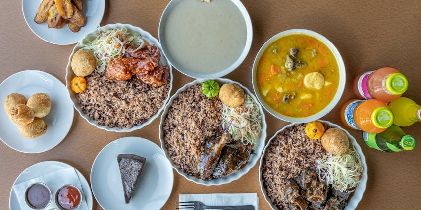 Image of a plate of kidney beans and rice cooked in coconut milk and herbs.