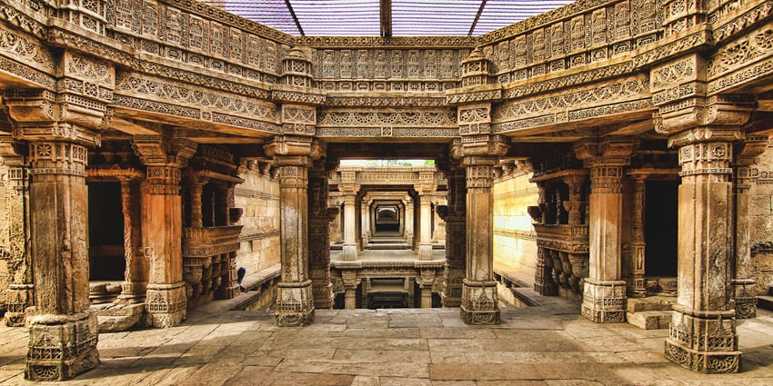 Beautifully carved Adalaj stepwell near Ahmedabad showcases Indo-Islamic architecture.