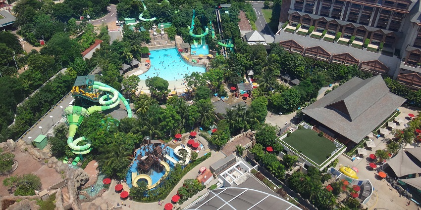Top view of Adventure Cove Waterpark, Singapore, featuring water slides and attractions
