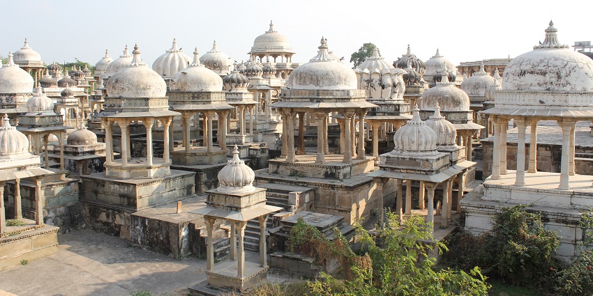 An image of Ahar cenotaphs with domed structures built in memory of Udaipur’s rulers