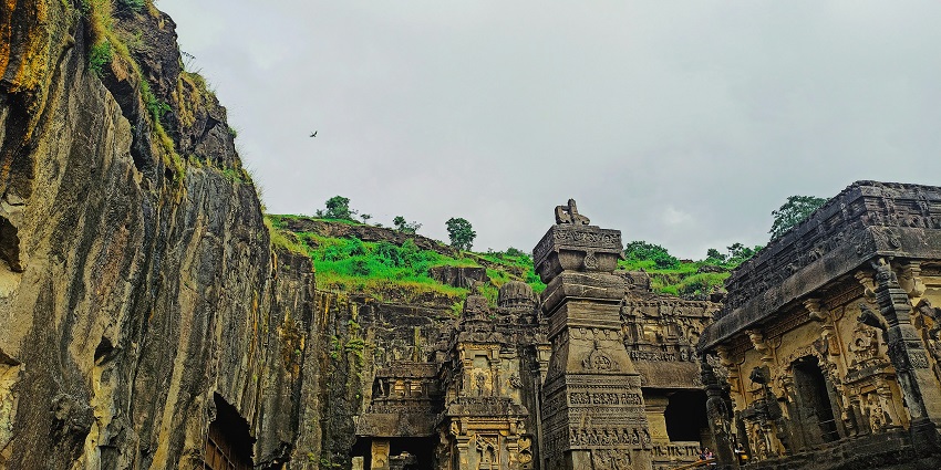 Intricate rock sculptures of Ellora Caves, reflecting rich artistry and spirituality.