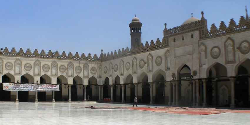 The courtyard and domes of Al-Azhar Mosque, one of the sacred and historical places in Cairo