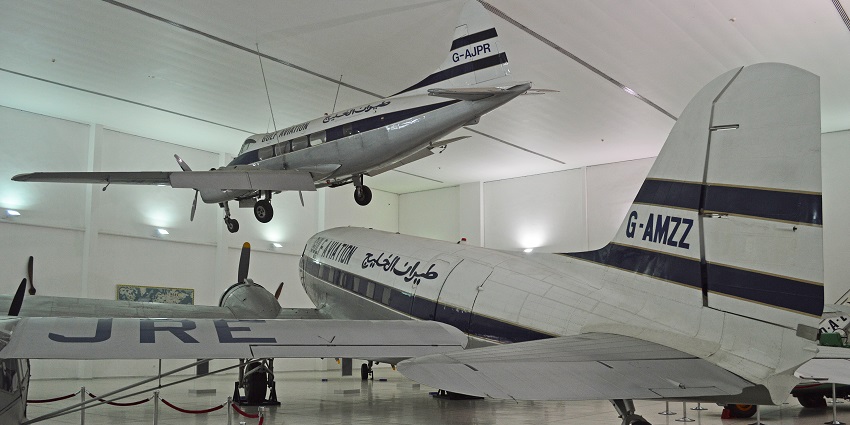 Al Mahatta Aviation Museum with Dove and Dakota aircraft hanging from the ceiling
