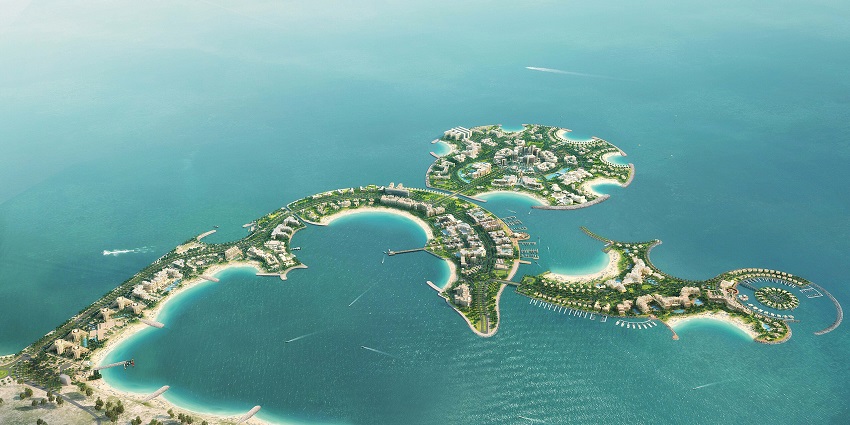 An aerial view of Al Marjan Island, a stunning example of man-made islands in the UAE designed for luxury living and tourism.