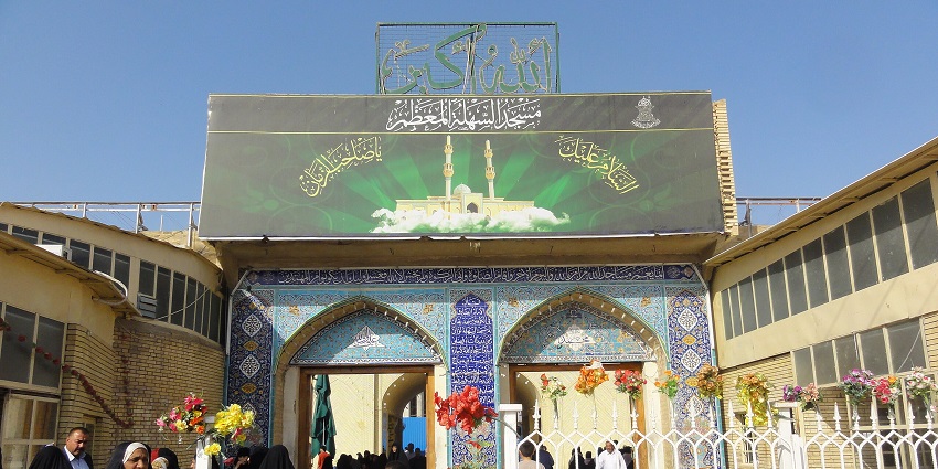 Entrance to the al Sahla mosque in Kufa with unique sculptures, one of the Islamic historical places in Iraq.