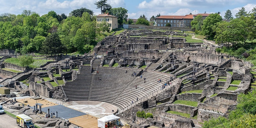 Ancient Roman Theatre of Fourvière with ruined architecture, one of the historical places in Lyon.