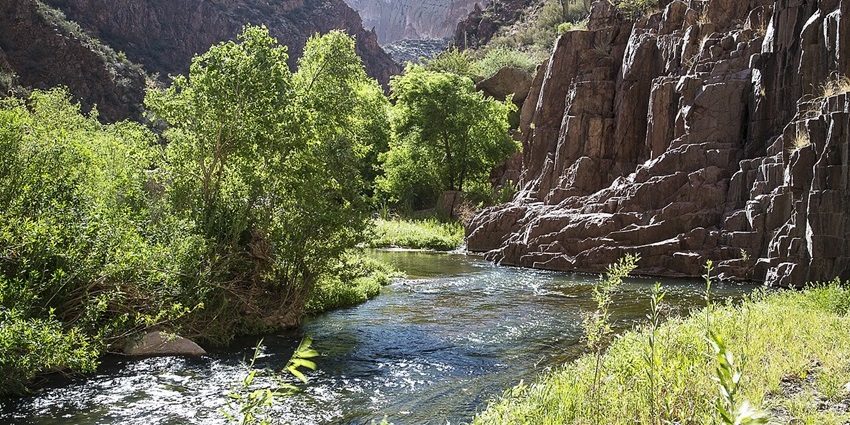 Aravaipa Canyon wilderness area with a small river flowing, rocky cliffs, and green shores, is one of the best hidden places in Arizona.