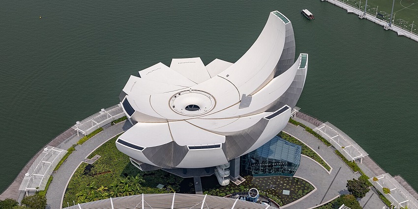 Top view of the ArtScience Museum with surrounding waterfront area from Marina Bay Sands
