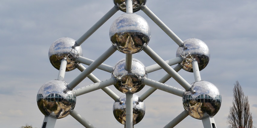 The Atomium, one of the most futuristic monuments in Belgium, features metallic spheres
